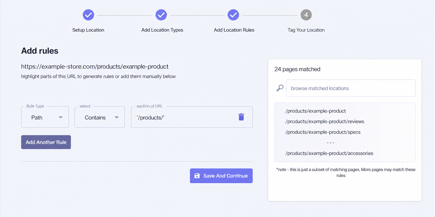 Incendium Location rules with a documentation-safe example URL and matched-page preview
