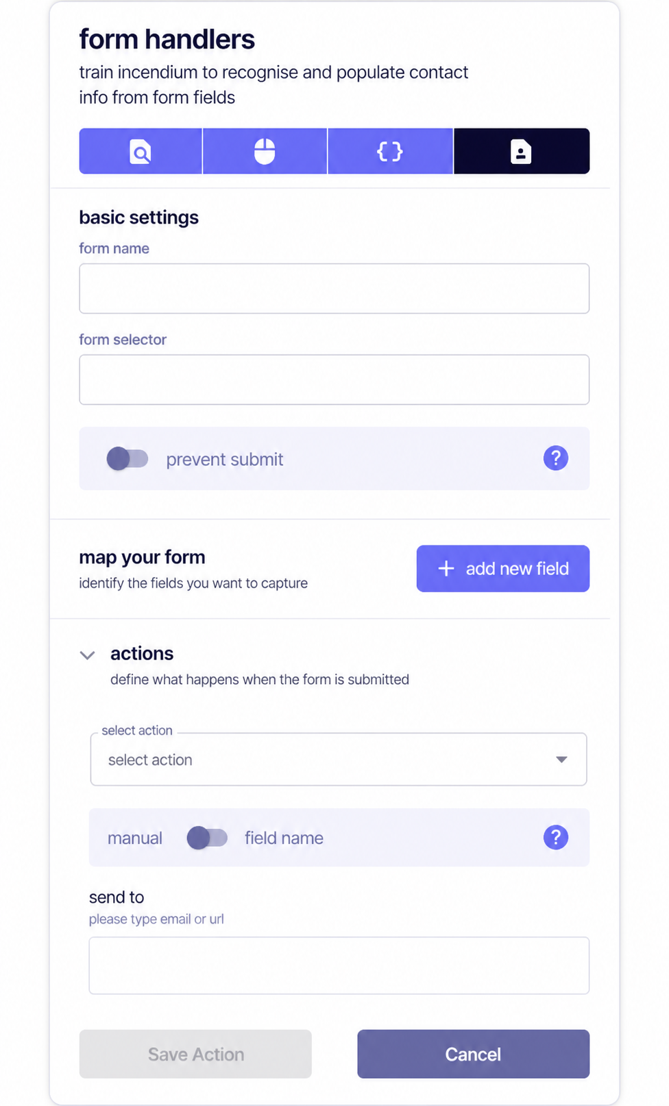 Incendium Form Handler setup for field mapping and submission actions